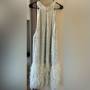 ASOS edition Curve sequence halter mini with fax feather hem. Sage green size 20